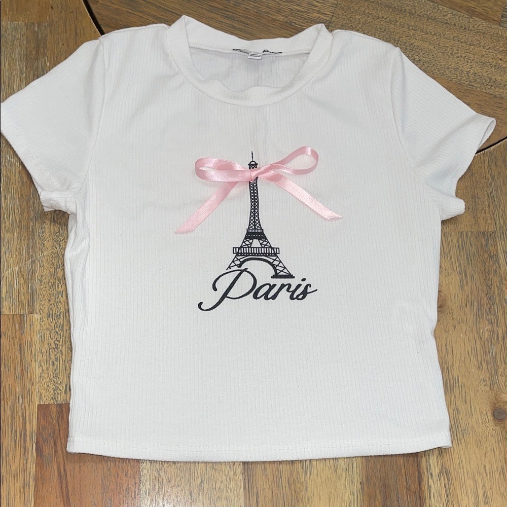 Fashion Nova White Eiffel Tower Paris Crop‎ Top Pink Bow Ribbed XS